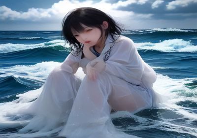 海边礁石上的写真拍摄，模特面向大海，海浪拍打礁石，蓝天白云与海水构成天然背景